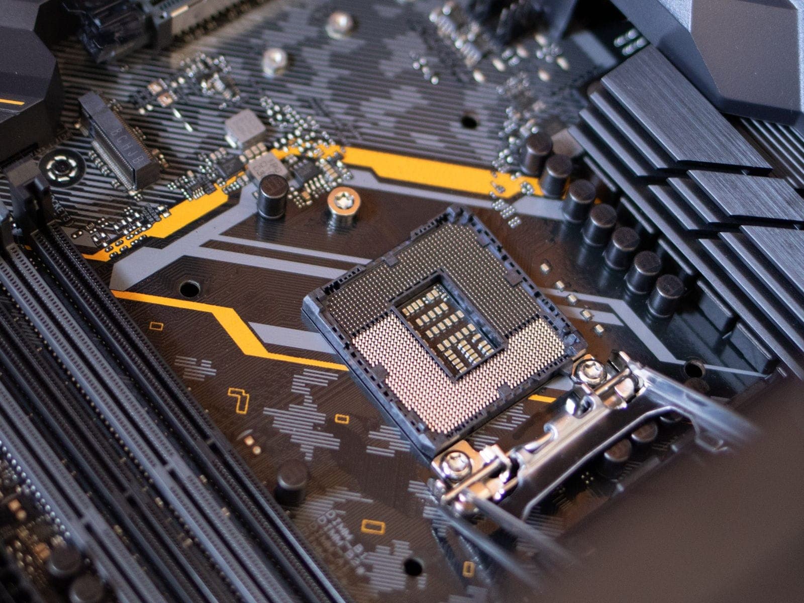 Close-up of a printed circuit board with a processor socket